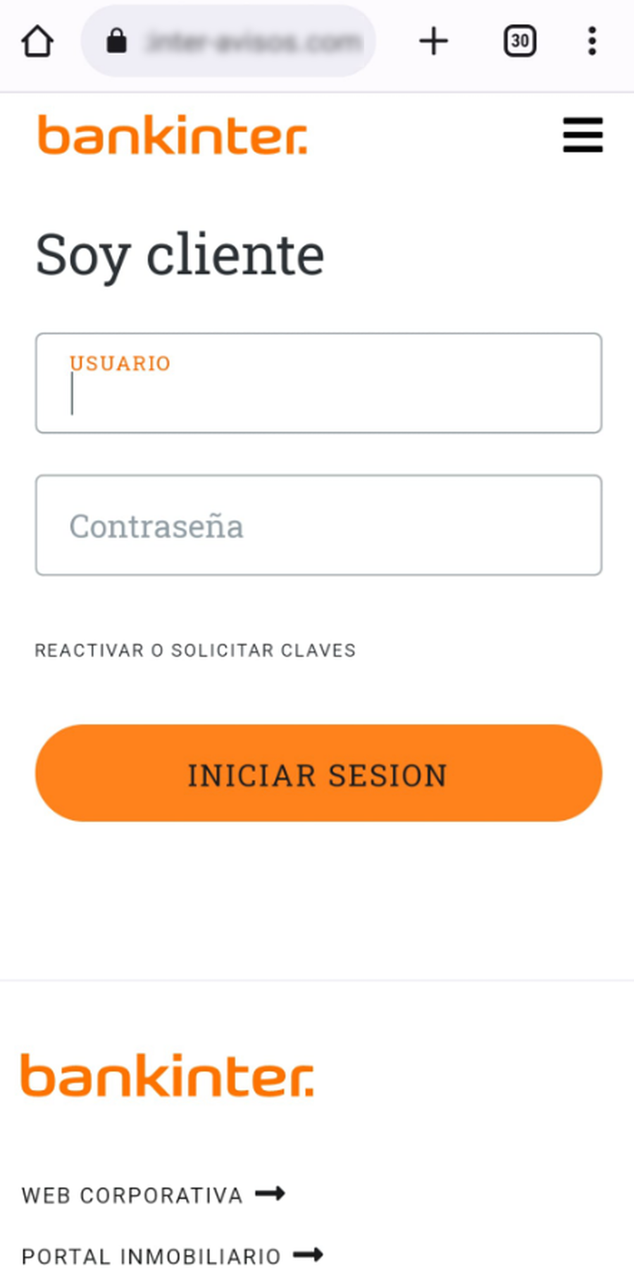 Se muestra en el enlace al que se ha accedido, el formulario de acceso a la web supuestamente de Bankinter, en la cual solicita usuario y contraseña para iniciar sesión.