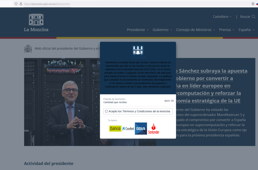 Se muestra la web falsa de la Moncloa, con un mensaje donde aceptar Términos y Condiciones para proceder a acceder al banco para solicitar el reembolso.