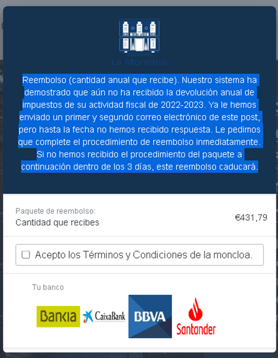 Se muestra el mensaje donde se aceptan Términos y Condiciones para proceder a acceder al banco para solicitar el reembolso, ofreciendo las opciones bancarias de Bankia, CaixaBank, BBVA y Santander.