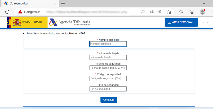 Se muestra una página web simulando ser la de la página de la agencia tributaria en la cual se solicita información de carácter financiara a través de un formulario