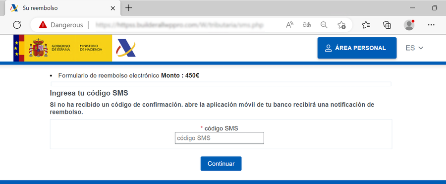 Se muestra una página web simulando ser la de la página de la agencia tributaria en la cual se solicita en una caja de texto un código SMS