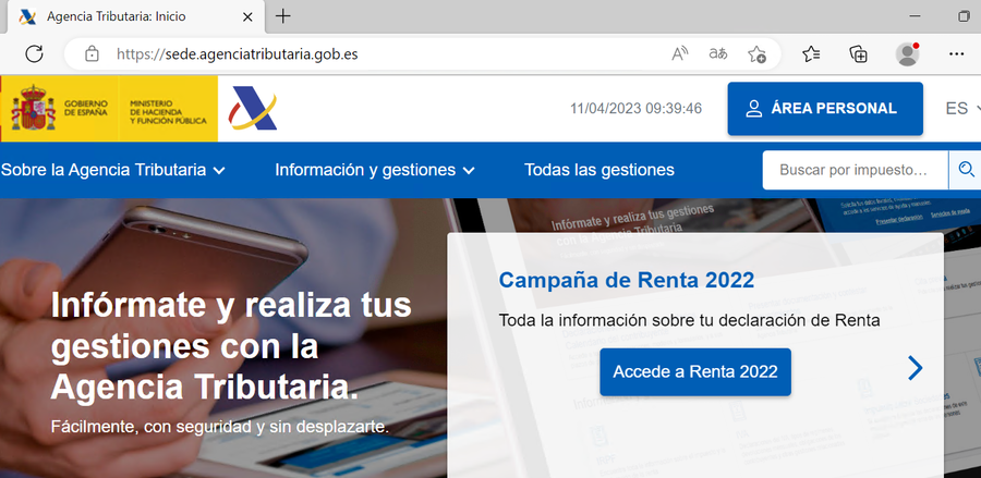 Se muestra una ventana principal de la página legítima de la Agencia Tributaria