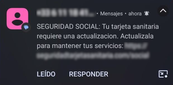 Se muestra un SMS el cual solicita al usuario que actualice la información de su tarjeta sanitaria a través de un enlace.