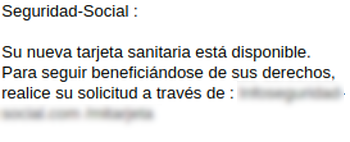 Se muestra un SMS el cual solicita al usuario que realice la solicitud de su tarjeta sanitaria a través de un enlace.