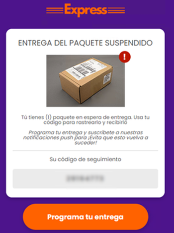 Se muestra una ventana, la cual aparece la imagen de un paquete, indicando que este está suspendido, con el código de seguimiento y un botón para continuar.