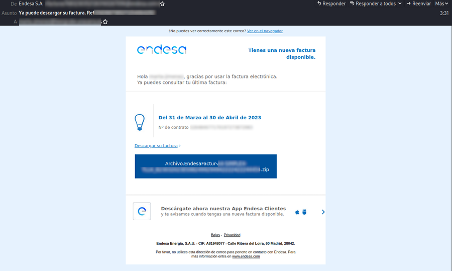 Correo fraudulento suplantando a Endesa