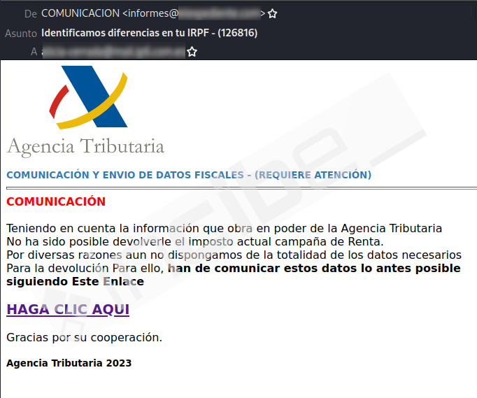 e muestra un correo, supuestamente enviado por la Agencia Tributaria, en dodne cominica al receptor que han identificado diferencias en su IRPF y que debe de adjuntar dichos datos en el enlace que viene en el cuerpo del correo.