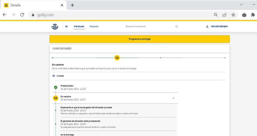 Se muestra una página web imitando la oficial de correos, en la cual se muestra un arbol del proceso de estados de un paquete, comenzando por preadmisión, continuando con el estado en camino etc