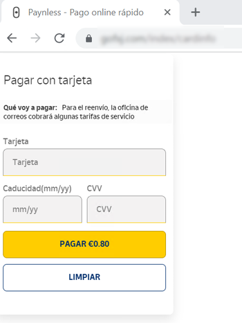 Se muestra una ventana en la que se piden los datos de la tarjeta para pagar el reenvío del paquete por 80 céntimos, solicitando, número de tarjeta, fecha de caducidad y código CVV