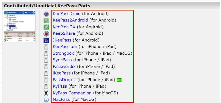 Se muestra una ventana web, la cual se remarca las diferentes opciones para descargar KeePass en diferentes sistemas operativos como: Android, iOS o MacOS