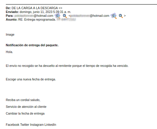 Se muestra la ventana de un correo, el cual indica al receptor que debe reprogramar un paquete.