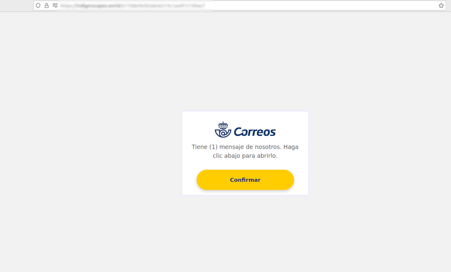 Se muestra una web, donde aparece una ventana emergente con un mensaje supuestamente de correos y botón para confirmar.