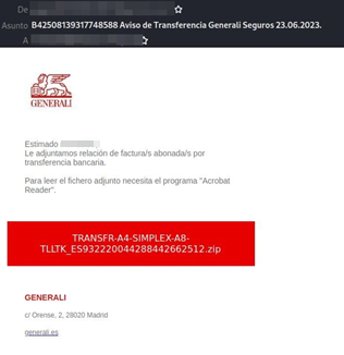 Evidencia correo fraudulento Generali