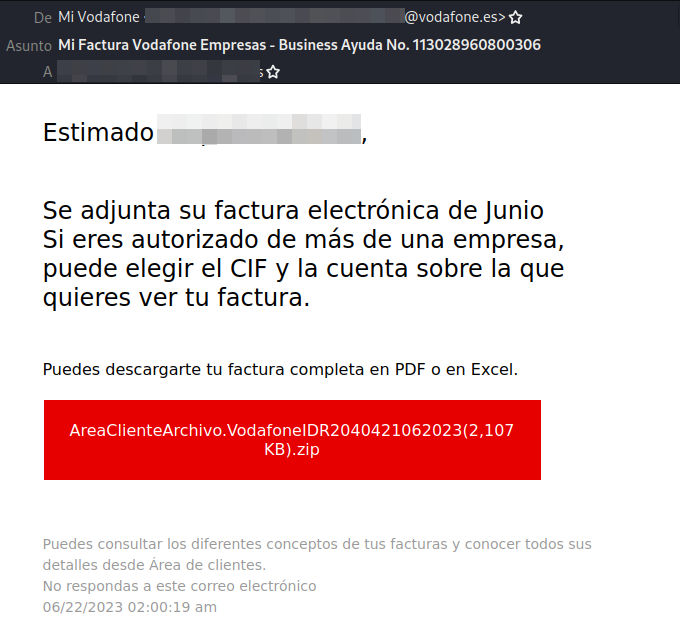 Evidencia correo fraudulento Vodafone