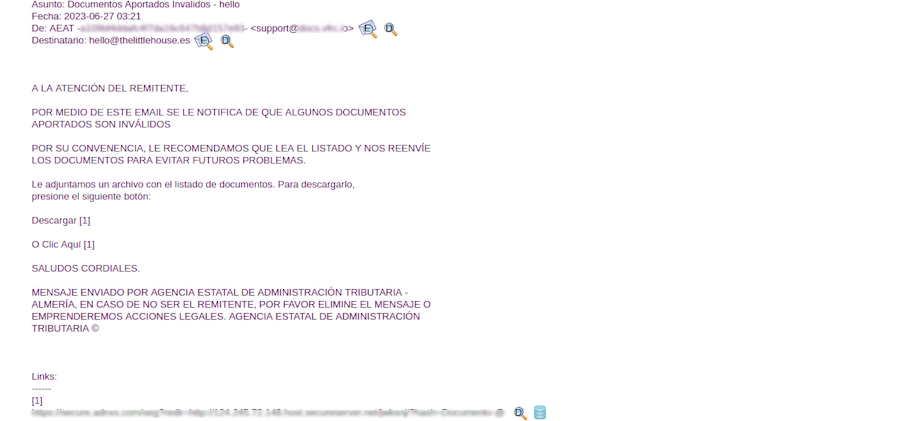 Se muestra un correo el cual se informa al receptor de que hay documentos inválidos y que se debe acceder al enlace adjunto.