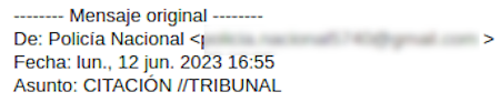 se muestra la cabecera de un correo con el asunto CITACIÓN //TRIBUNAL/