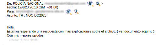 se muestra la cabecera de un correo con el asunto TR : NOC-DO2023