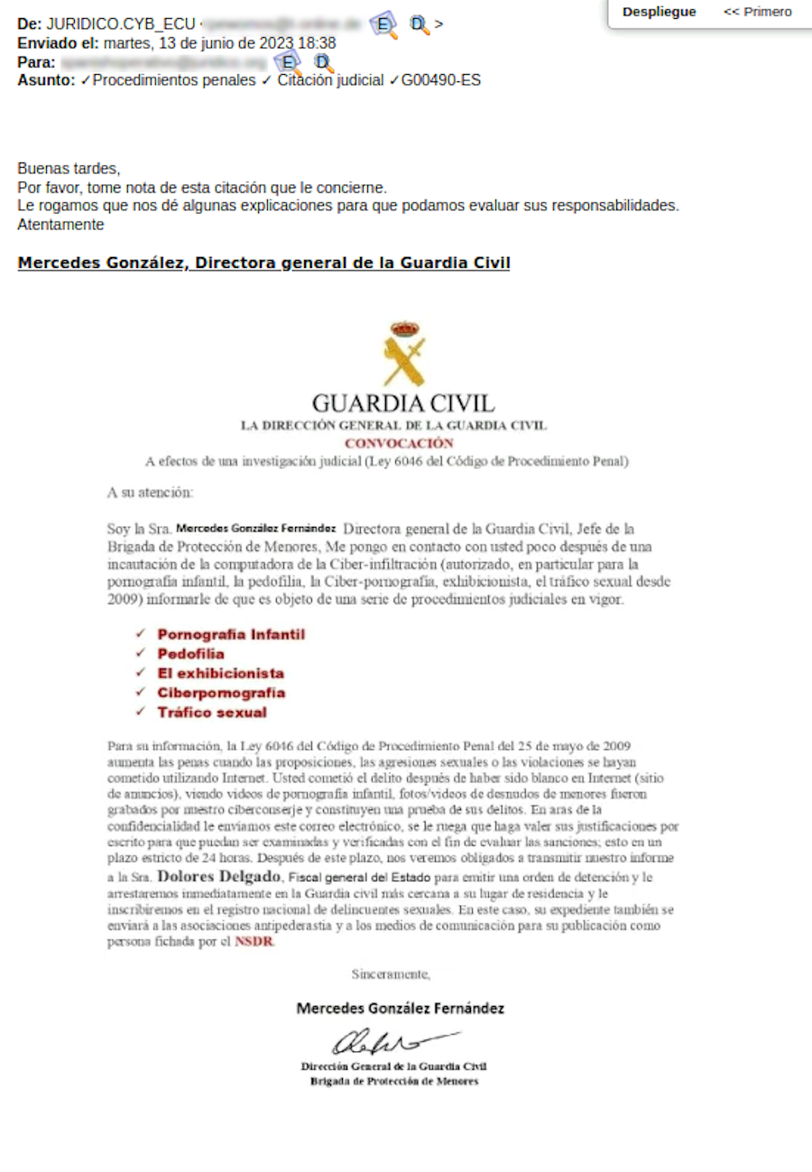 se muestra un cuerpo de correo en el que se previsualiza el documento de la citación de la guardia civil en la cual se describen los delitos de los que se acusa a la víctima