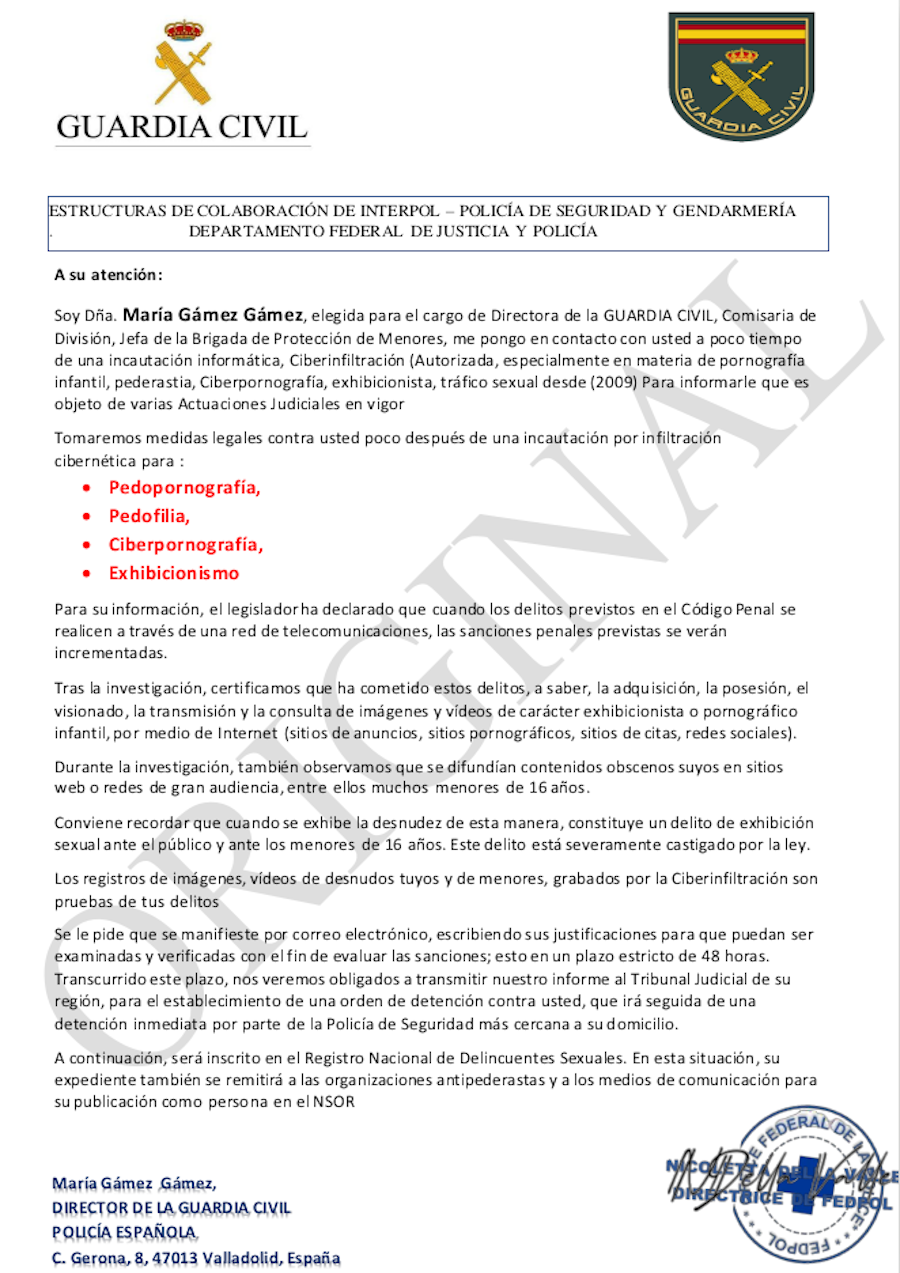 Se muestra la citación de la guardia civil en la cual se avisa de los delitos de los que se acusa a la víctima y se solicita que se responda al correo urgentemente para verificar y examinar las justificaciones a esas supuestas acciones para no llegar a enviarse el caso a los tribunales