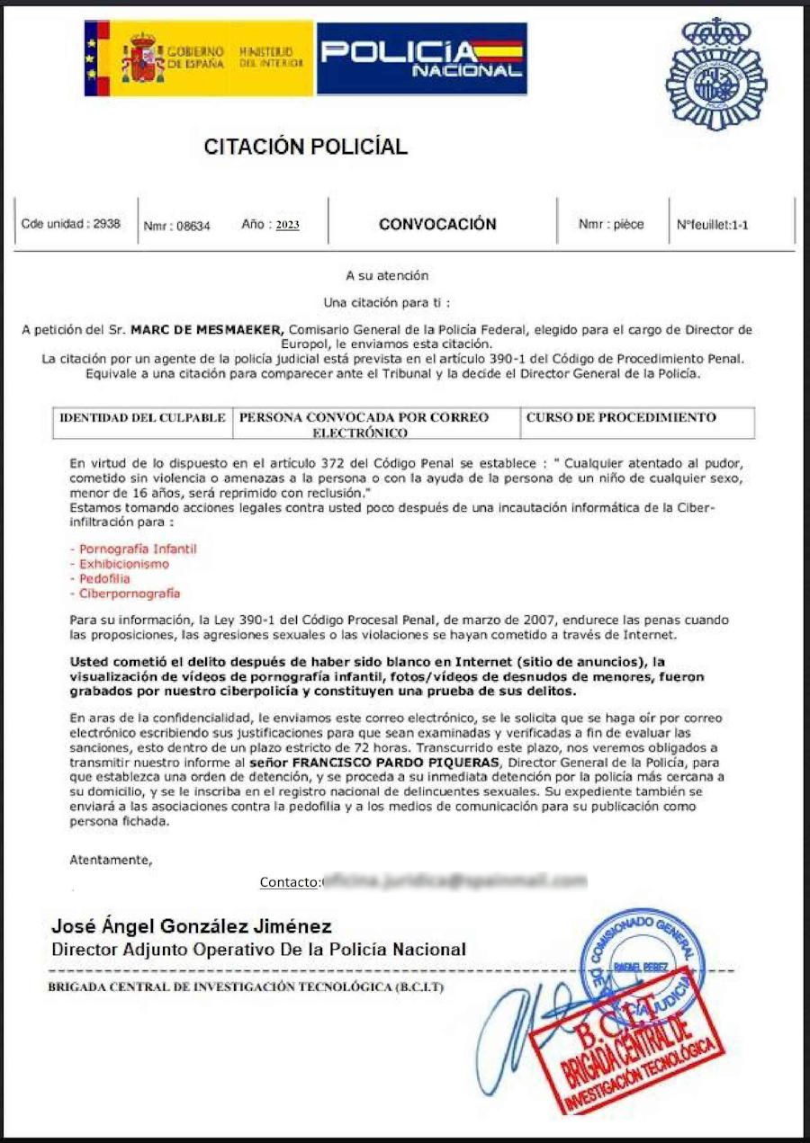 Se muestra la citación de la Policía Nacional en la cual se avisa de los delitos de los que se acusa a la víctima y se solicita que se responda al correo urgentemente para verificar y examinar las justificaciones a esas supuestas acciones para no llegar a solicitarse una orden de detección contra la víctima