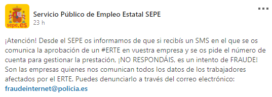 Comunicado del SEPE en la red social LinkedIn sobre el fraude de los SMS al respecto de un ERTE