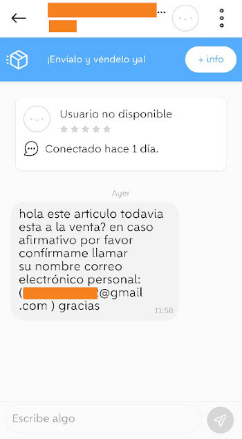 Mensaje fraudulento recibido en Wallapop