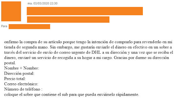 Mensaje fraudulento en el correo electrónico, siguiendo una compraventa iniciada en Wallapop