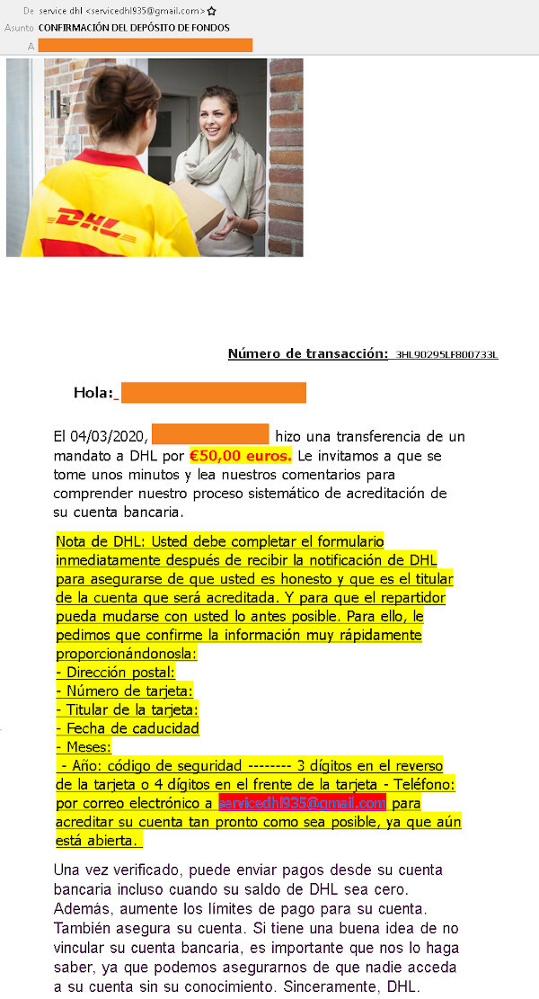 Mensaje de phising suplantando la identidad de la empresa de transporte DHL