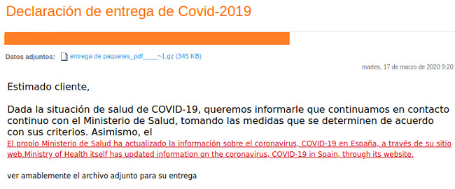 Correo con malware adjunto sobre el COVID-19