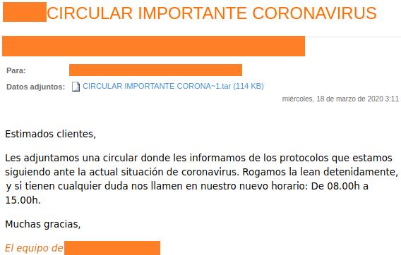 Correo con malware adjunto sobre el COVID-19