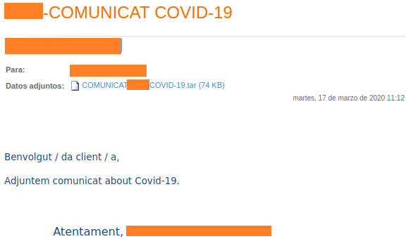 Correo con malware adjunto sobre el COVID-19