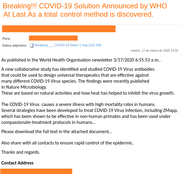 Correo con malware adjunto sobre el COVID-19