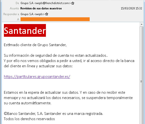 Email de phising al Banco Santander