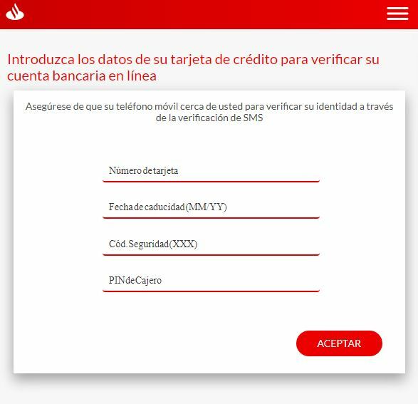 Petición de los datos de tarjeta en el phising al Banco Santander