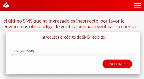 Petición de código SMS en el phising al Banco Santander