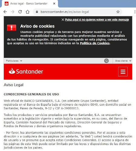 Web legítima del Banco Santander