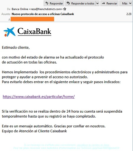 Email de phising a CaixaBank