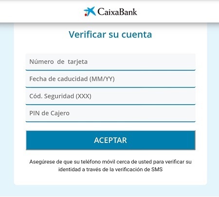 Petición de los datos de tarjeta en el phising a CaixaBank