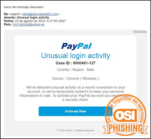 Correo Phishing a PayPal
