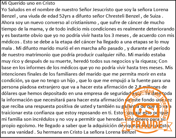 Correo fraude económico persona enferma 