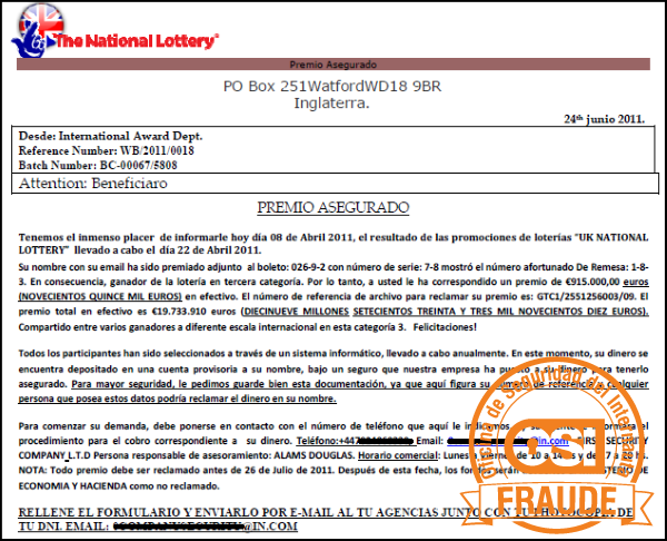 Correo fraude económico Premio loteria