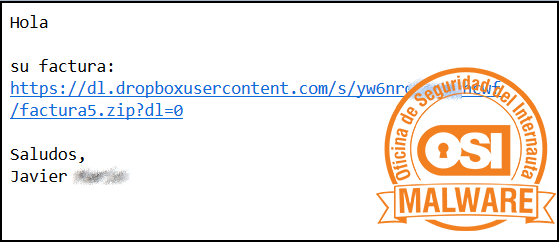 Correo malicioso con enlace de descarga de malware