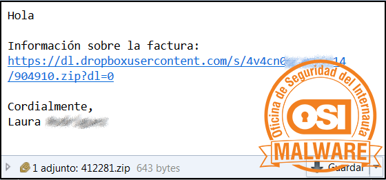 Correo malicioso con adjunto y enlace para descargar malware