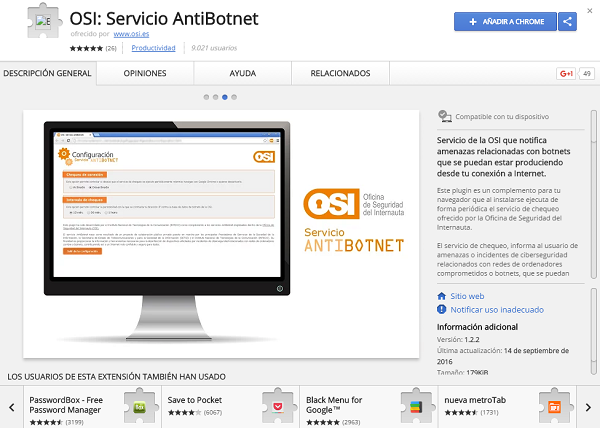 Página de instalación para Google Chrome del plugin del Servicio AntiBotnet