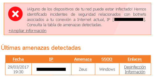 Amenazas detectadas por el Servicio Antibotnet visibles en un aviso del plugin