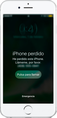 Imagen de pantalla de iPhone perdido. Indica que se ha perdido el IPhone y que se llame a un número.