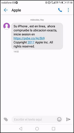Imagen de SMS recibido por un falso servicio de Apple.