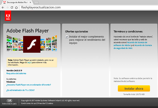 Supuesta página de actualización de Flash