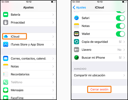 Ajustes > iCloud > Cerrar sesión