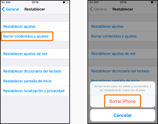 Borrar contenidos y ajustes > Borrar iPhone